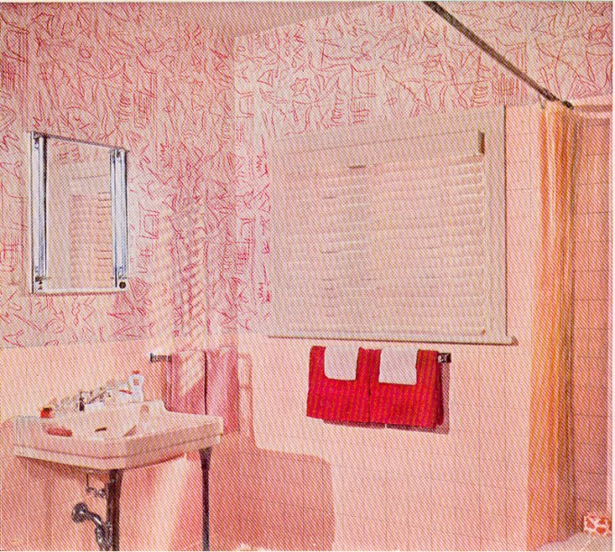 Better Homes Gardens 1961 vintage pink bathroom wallpaper