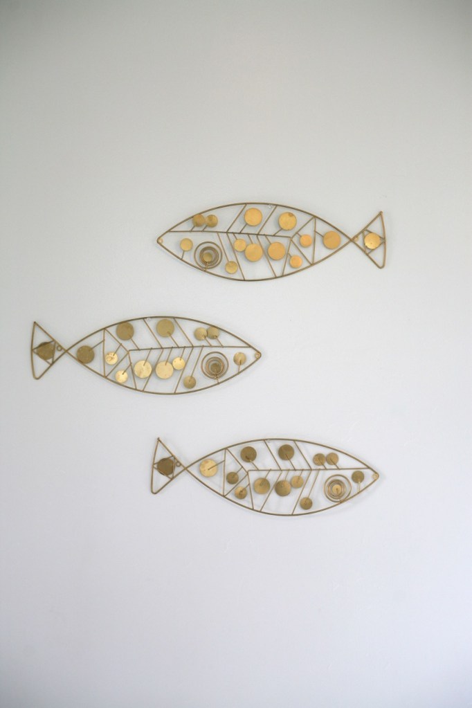 mid century wall hanging metal fish brass gold