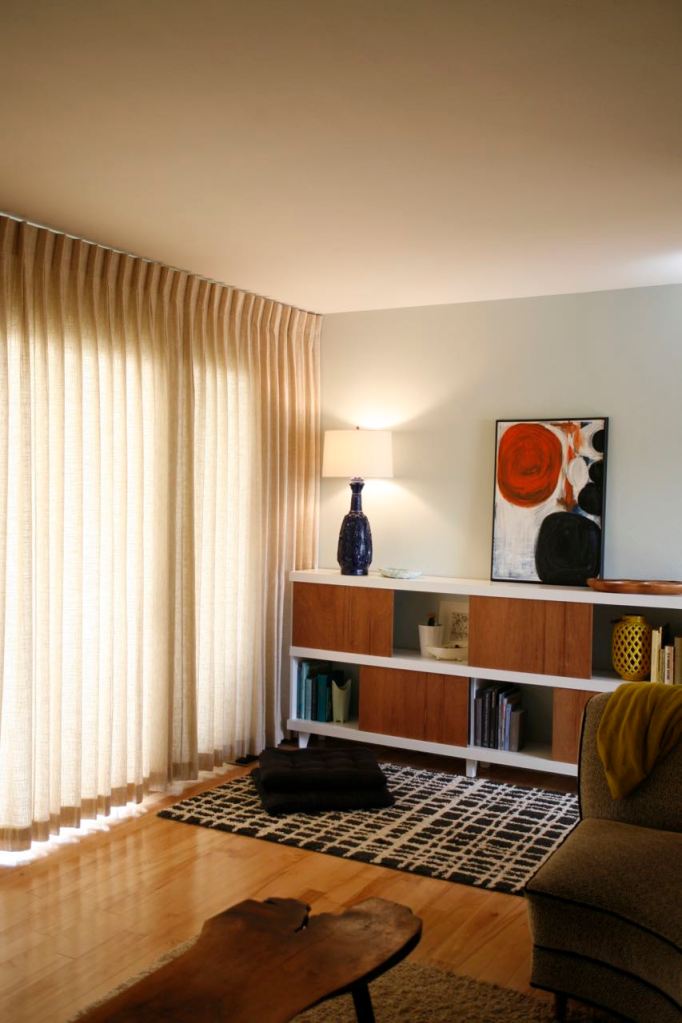 Vintage Mid century pinch pleat Curtains Drapes bookshelf danish