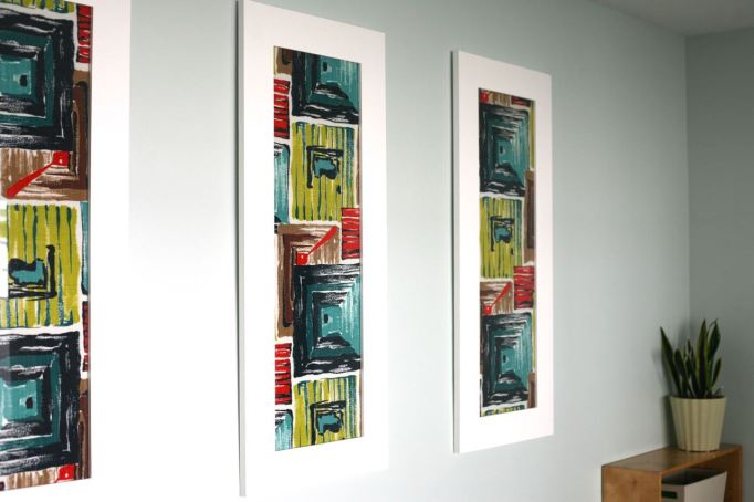 Vintage mid century barkcloth abstract framed on walls art