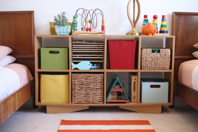 Children's room toy shelf modern wood mid century white walls plywood DIY