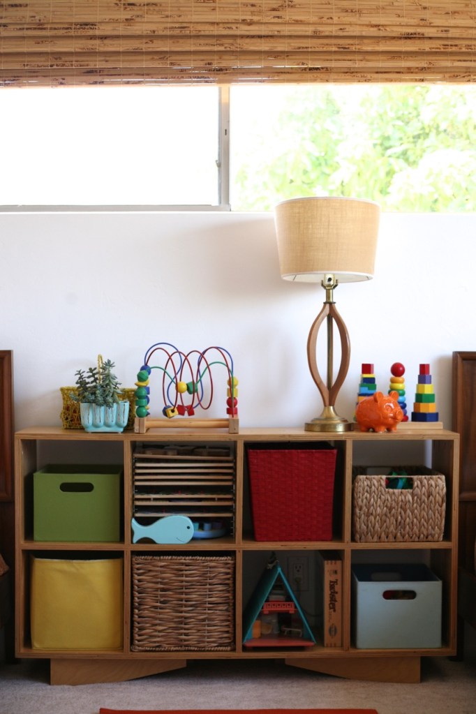 Children's room toy shelf modern wood mid century white walls plywood DIY