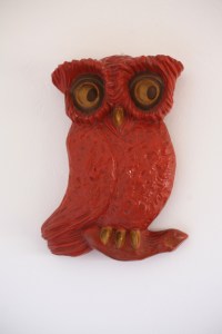 Vintage chalkware owl wall hanging orange