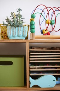 Children's kids room bookshelf toyshelf toy shelf ikea mid century California pottery planter puzzles plywood DIY