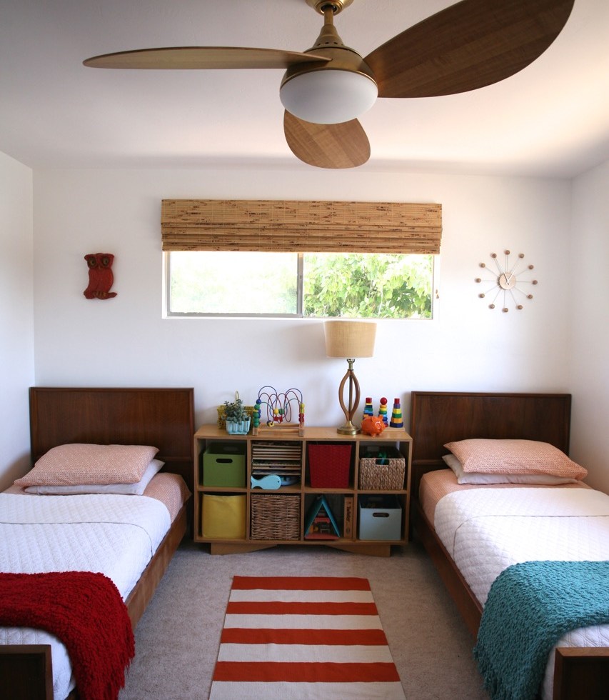 Shared Children's Room Kids Danish Modern twin beds plywood Ceiling Fan Light Wood Mid Century Harbor Breeze Avian Ceiling Fan