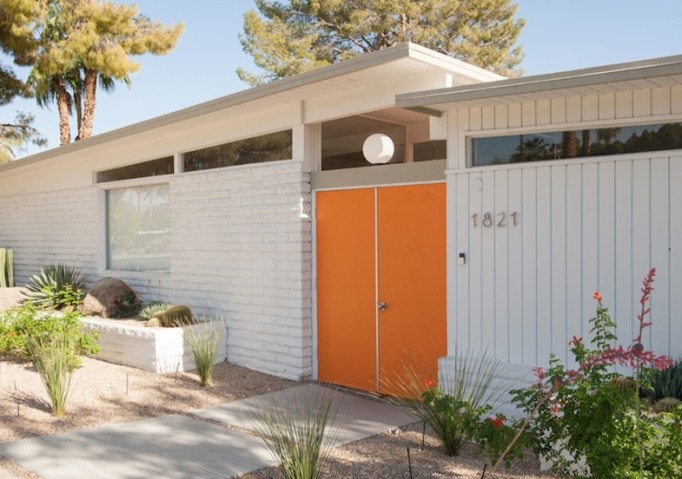 Orange front door mid century modern