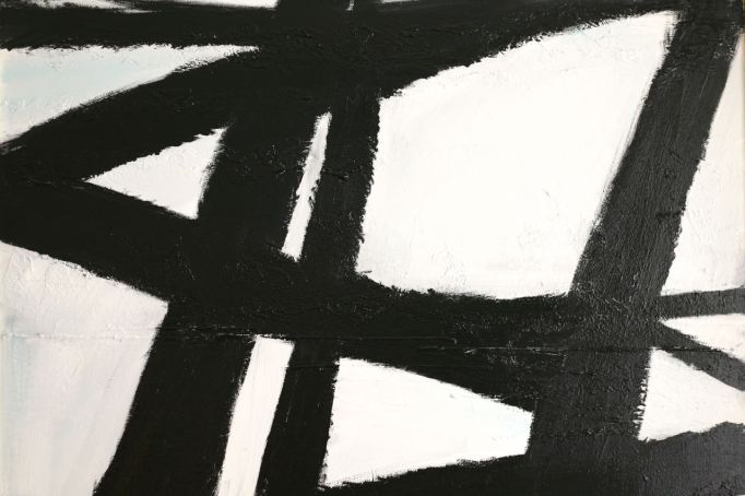 black and white painting large linear lines graphic abstract painting over thrift store old hobby paintings 