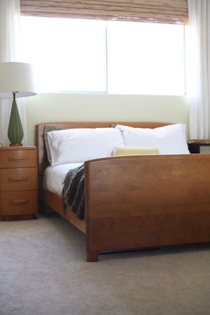 guest room mid century rainforest dew behr paint encore bed niagara nightstand lamp vintage record cabinet bamboo blinds with curtains bamboo curtain rod