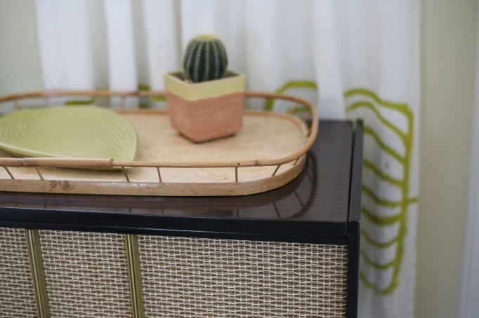 vintage mid century record player cabinet cactus jonathan adler fish plates bamboo tray