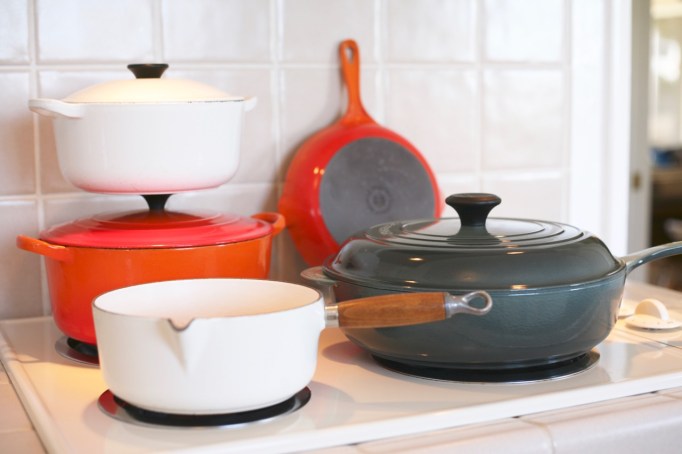 Vintage Le Creuset Orange dutch oven skillet ocean blue braiser white saucepan