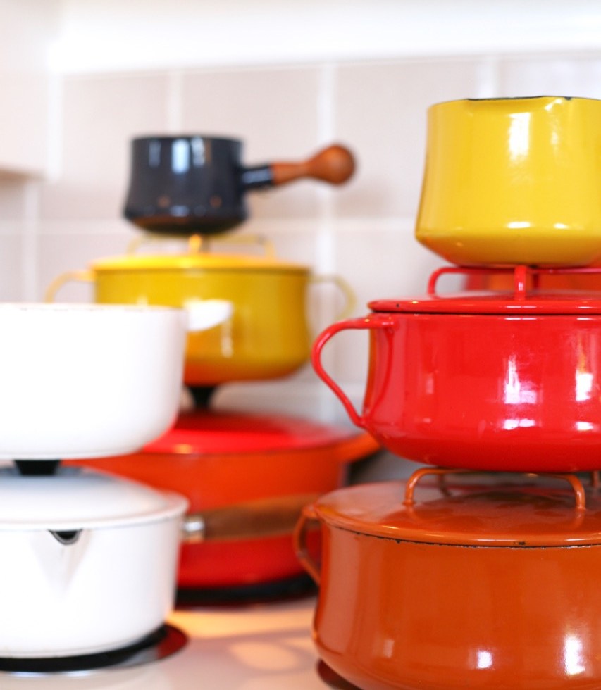 Cast Iron Enamel Pots Pans Le Creuset Dansk Kobenstyle Descoware vintage butter warmer