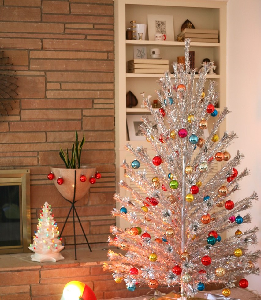 aluminum christmas tree vintage mid century ball ornaments shiny brite bullet planter rock fireplace