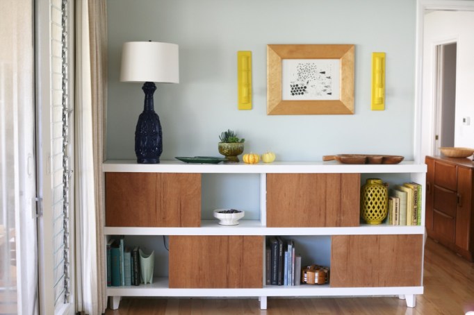 mid century bookshelf shelf sliding doors white vintage lamp 