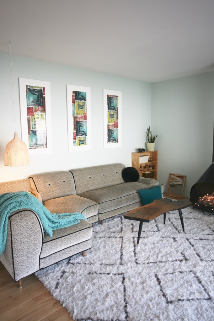 mid century living family room sectional couch burl table preway fireplace nuloom trellis shag rug