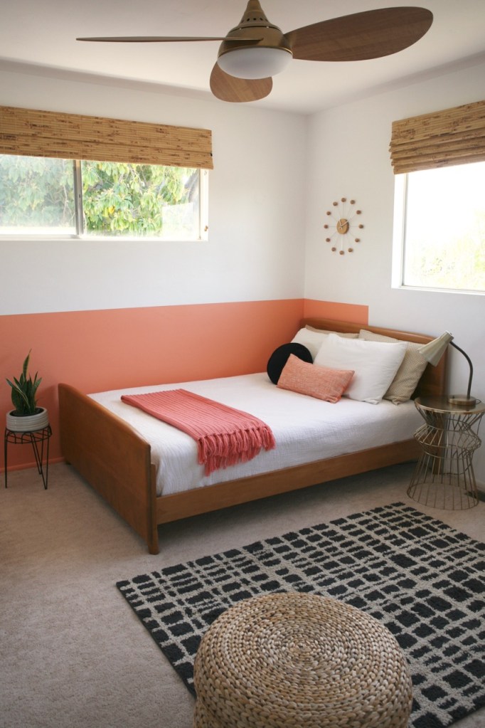 colorblock color block blocked colorblocked interior room coral pink peach black white diy behr sunset strip kid bedroom girl