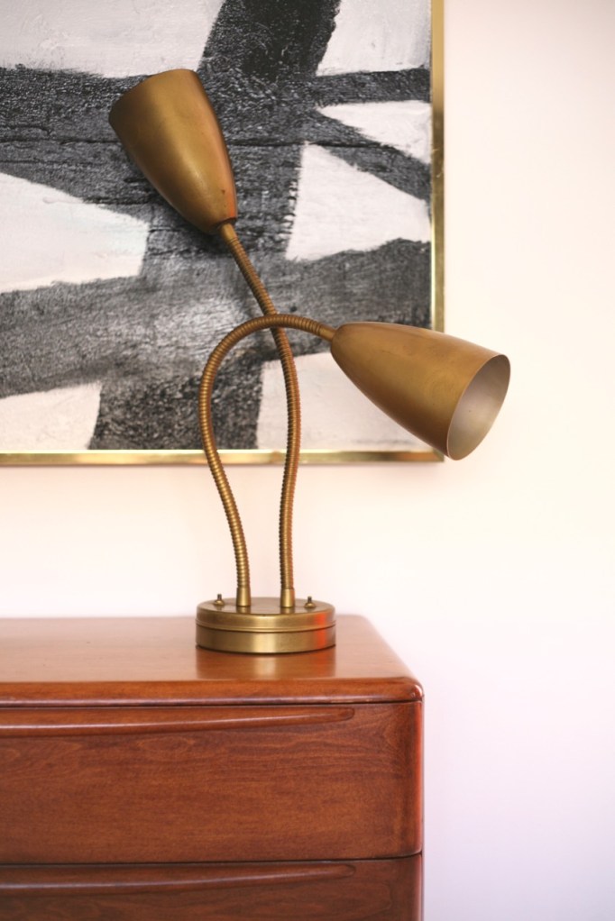 mid century double gooseneck lamp brass cone light