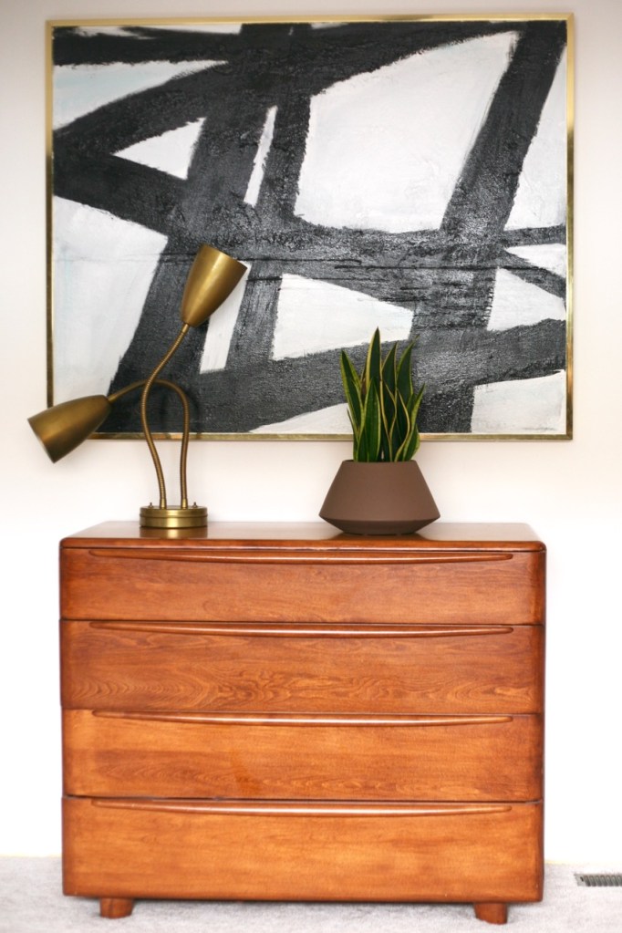 mid century modern bedroom heywood wakefield encore dresser abstract painting white walls