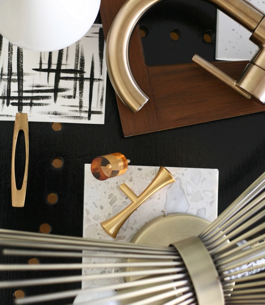 bathroom black white gold brass walnut mid century vintage fixtures delta trinsic world market starburst sconce logan terrazzo