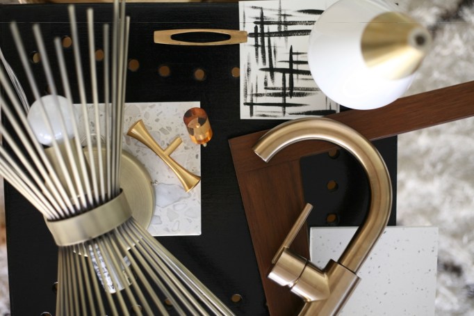 bathroom black white gold brass walnut mid century vintage fixtures delta trinsic world market starburst sconce logan terrazzo