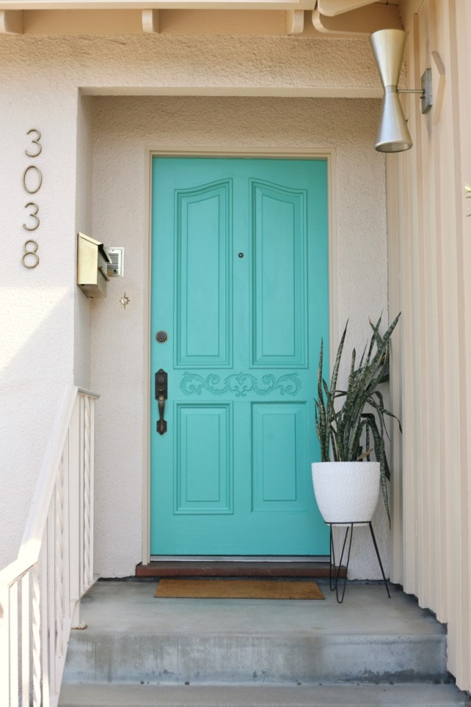 mid century front door porch turquoise bright blue aqua bullet planter cone light vintage mailbox