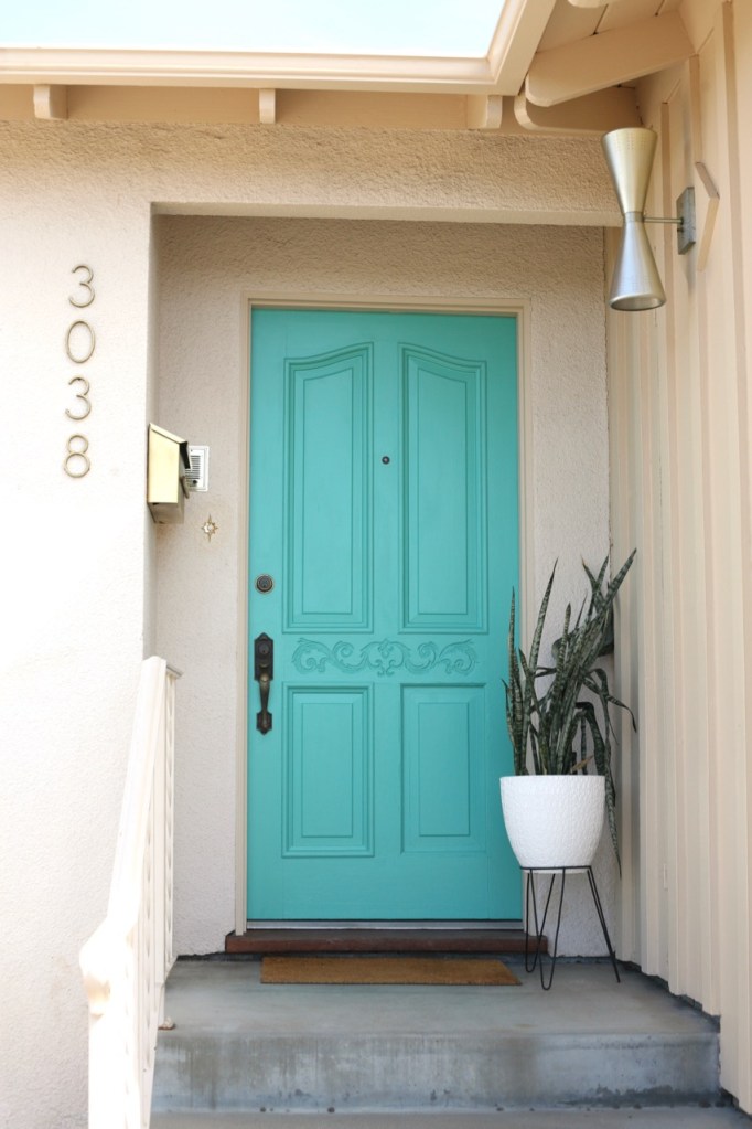 mid century front door porch turquoise bright blue aqua bullet planter cone light vintage mailbox