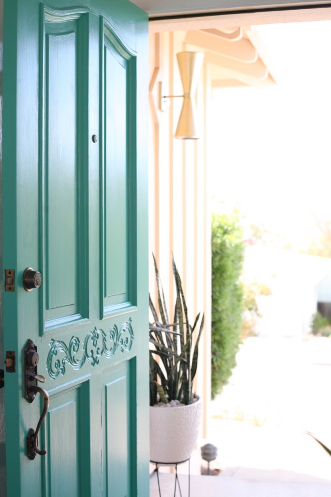mid century turquoise front door entry cone light exterior