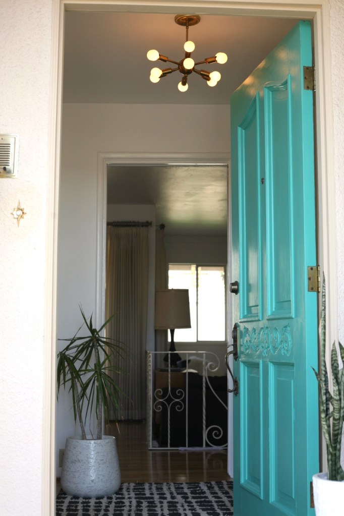 mid century turquoise aqua blue front door entry