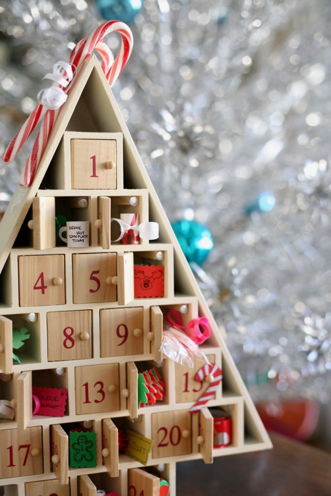 Christmas advent calendar tree wood doors paper activities candy canes aluminum tree mid century retro pink snowflakes ornaments