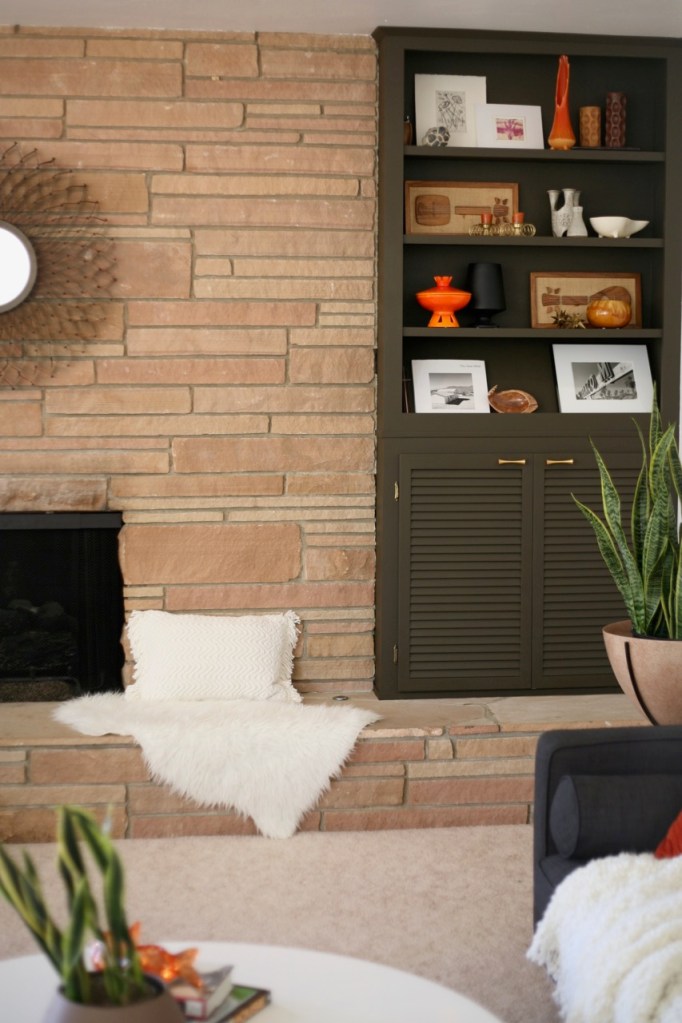 mid century fireplace shelf built in cabinet