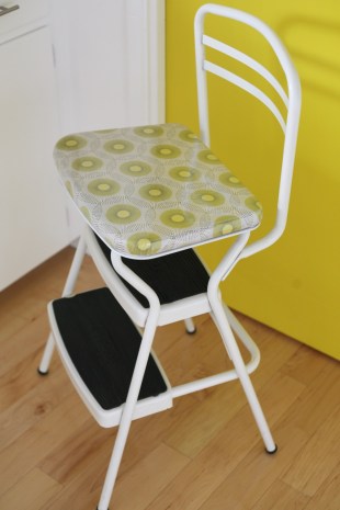 cosco step stool chair recover reupholster birch farm lightening bugs fabric yellow door kitchen