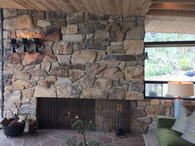 Edris House E Stewart Williams Palm Springs Desert Modern fireplace rock mid century sconces