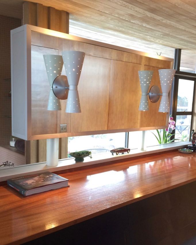 Edris House Bathroom mid century floating vanity cone sconce mirror