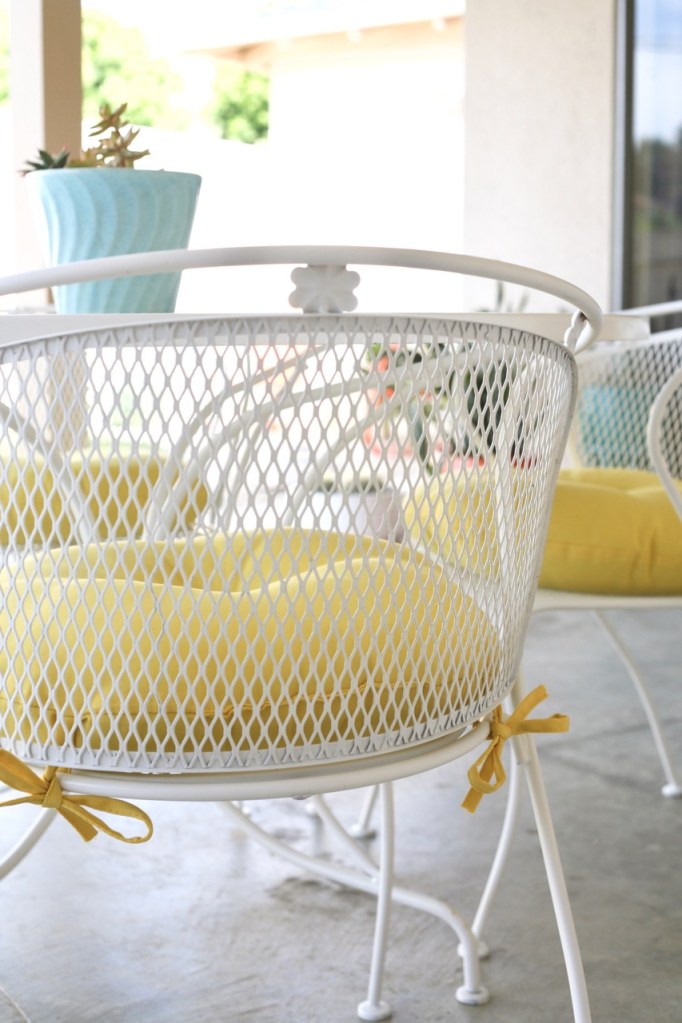 vintage mid century patio set white yellow chairs table flower wrought iron