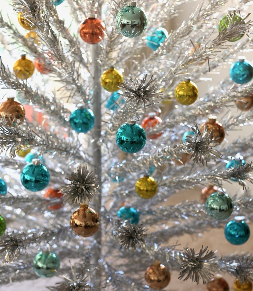 mid century Christmas aluminum tree ornaments glass blue orange turquoise shiny brite