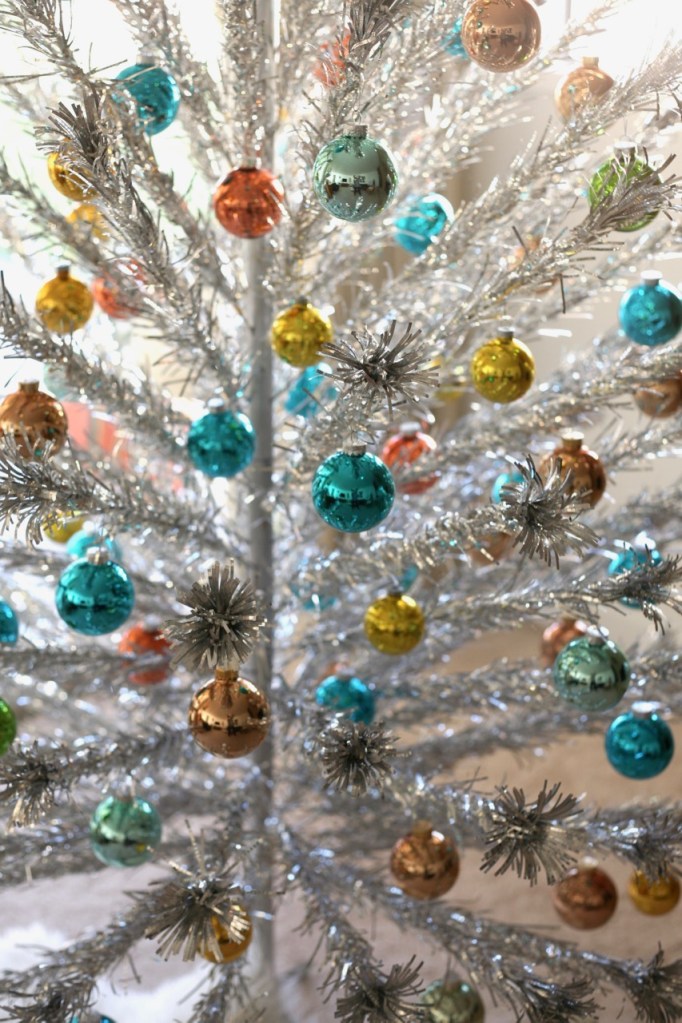 mid century Christmas aluminum tree ornaments glass blue orange turquoise shiny brite