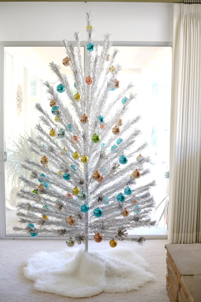 mid century Christmas aluminum tree ornaments glass blue orange turquoise shiny brite
