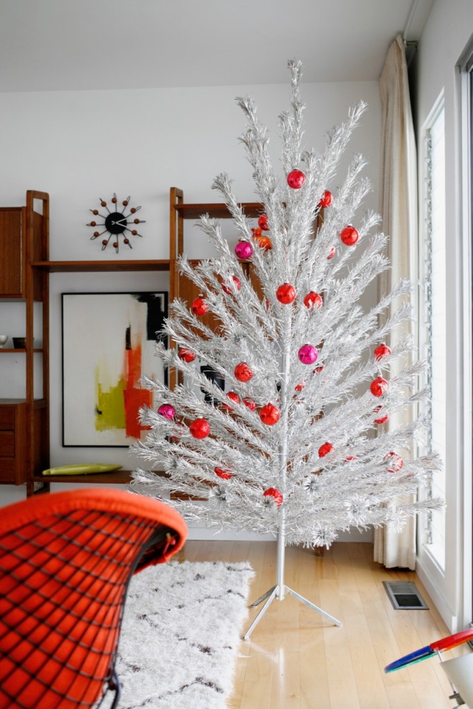 mid century aluminum christmas tree family living room red ornaments danish modern vintage retro 