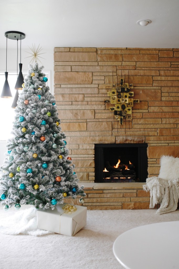 mid century vintage flocked christmas tree retro shiny brite family room rock fireplace