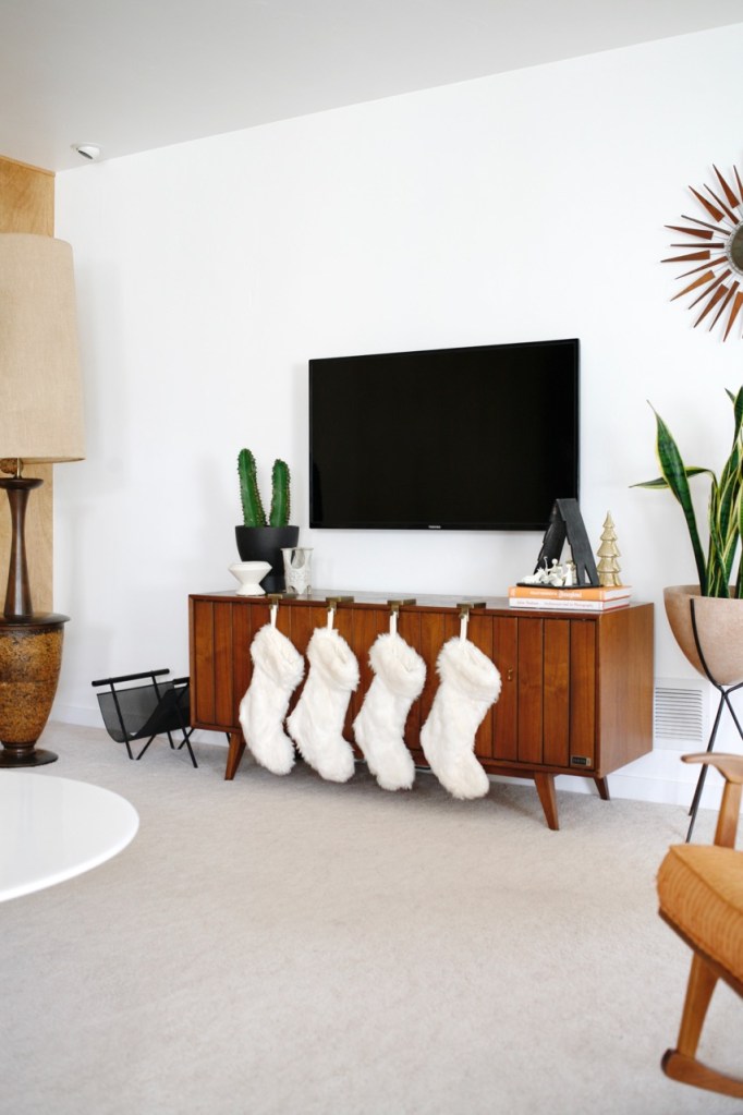 mid century christmas stockings fur danish vintage retro record cabinet walnut