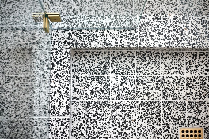Terrazzo tile floor bathroom shower mid century modern ivy hill grout curb threshold